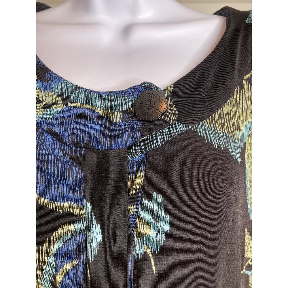 Fiber Arts Womens Liquid Knit Black Blue Dark Floral Blouse Est Sz 3X‎ Flowy - Picture 7 of 11